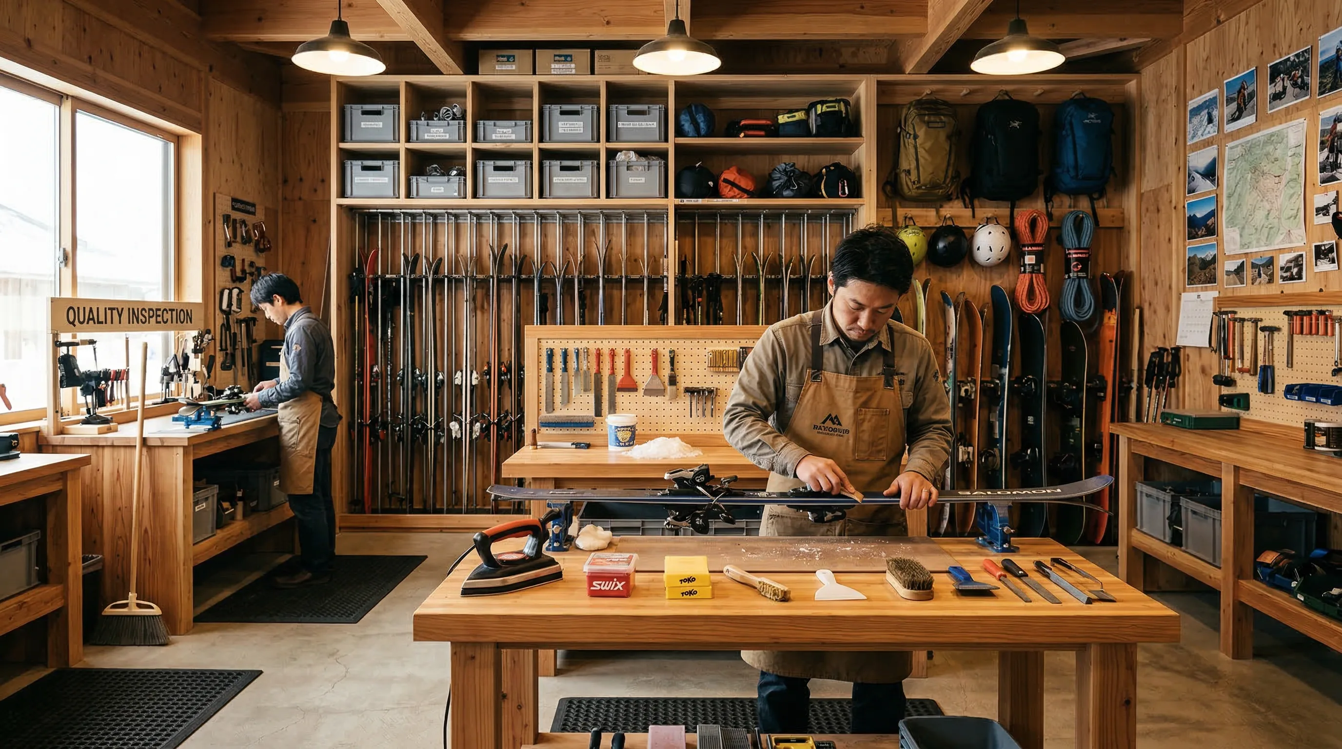 Professional gear maintenance workshop in Hakuba with technicians inspecting ski equipment
