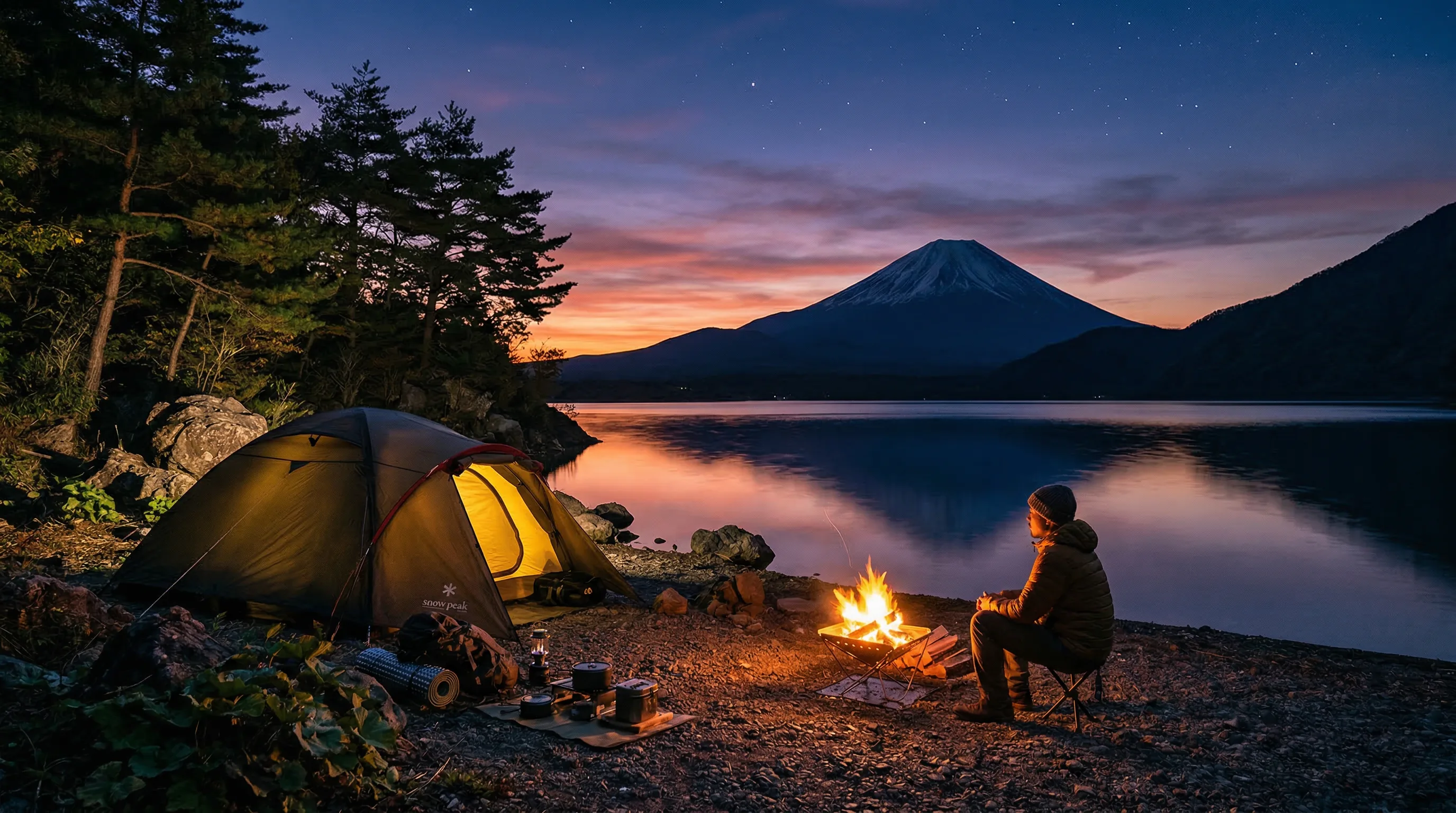 Campsite by a mountain lake at dusk with tent and campfire