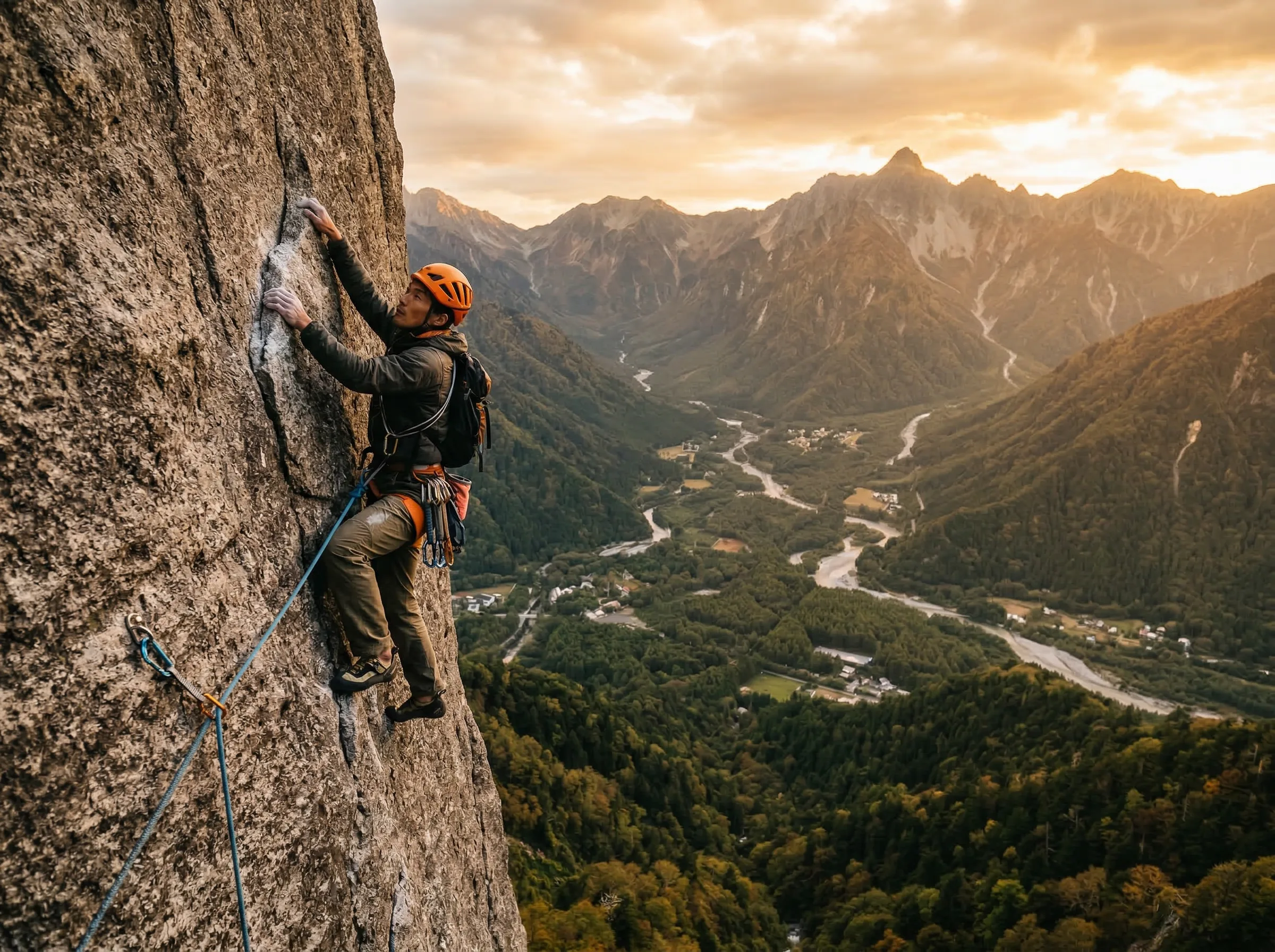 Rock climber ascending granite cliff face with mountain valley visible below