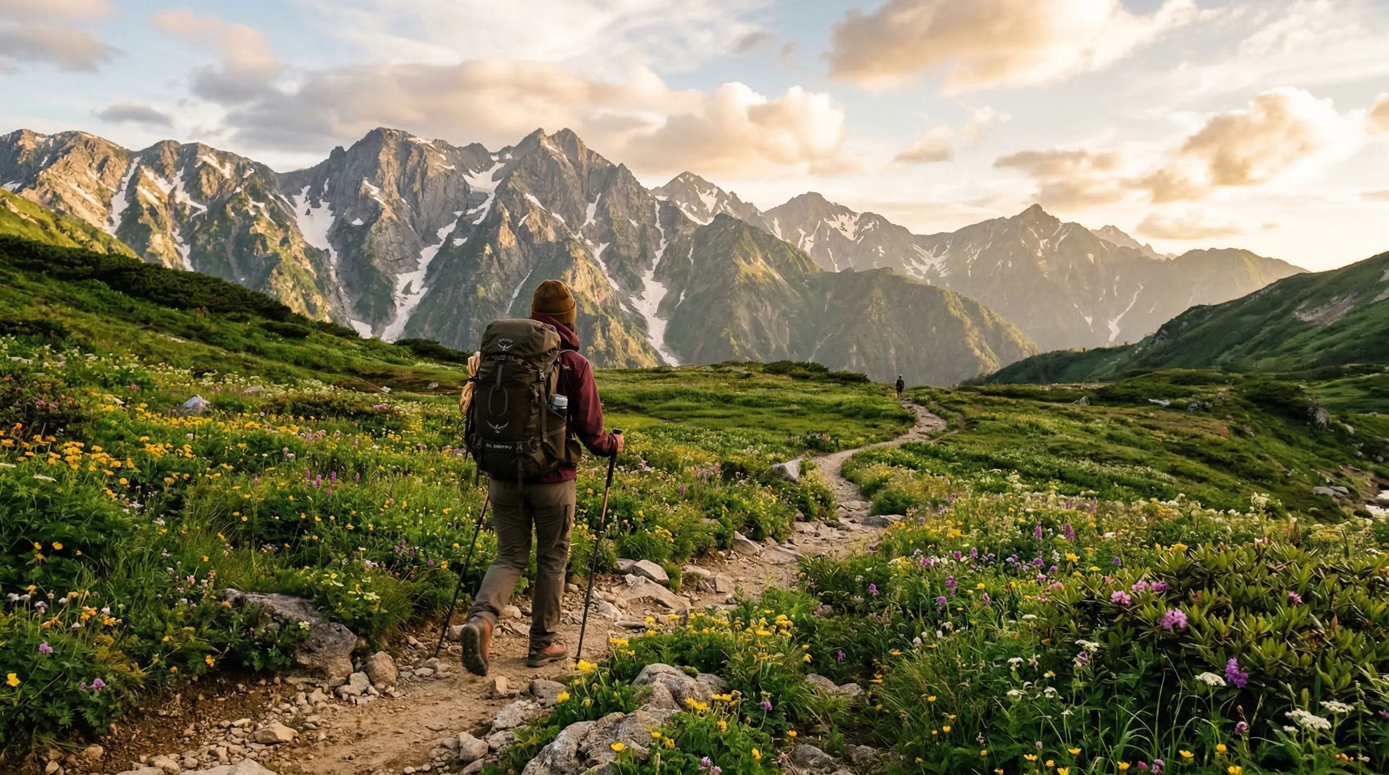 Hiker with backpack on alpine trail surrounded by wildflowers with Japanese Alps peaks in background