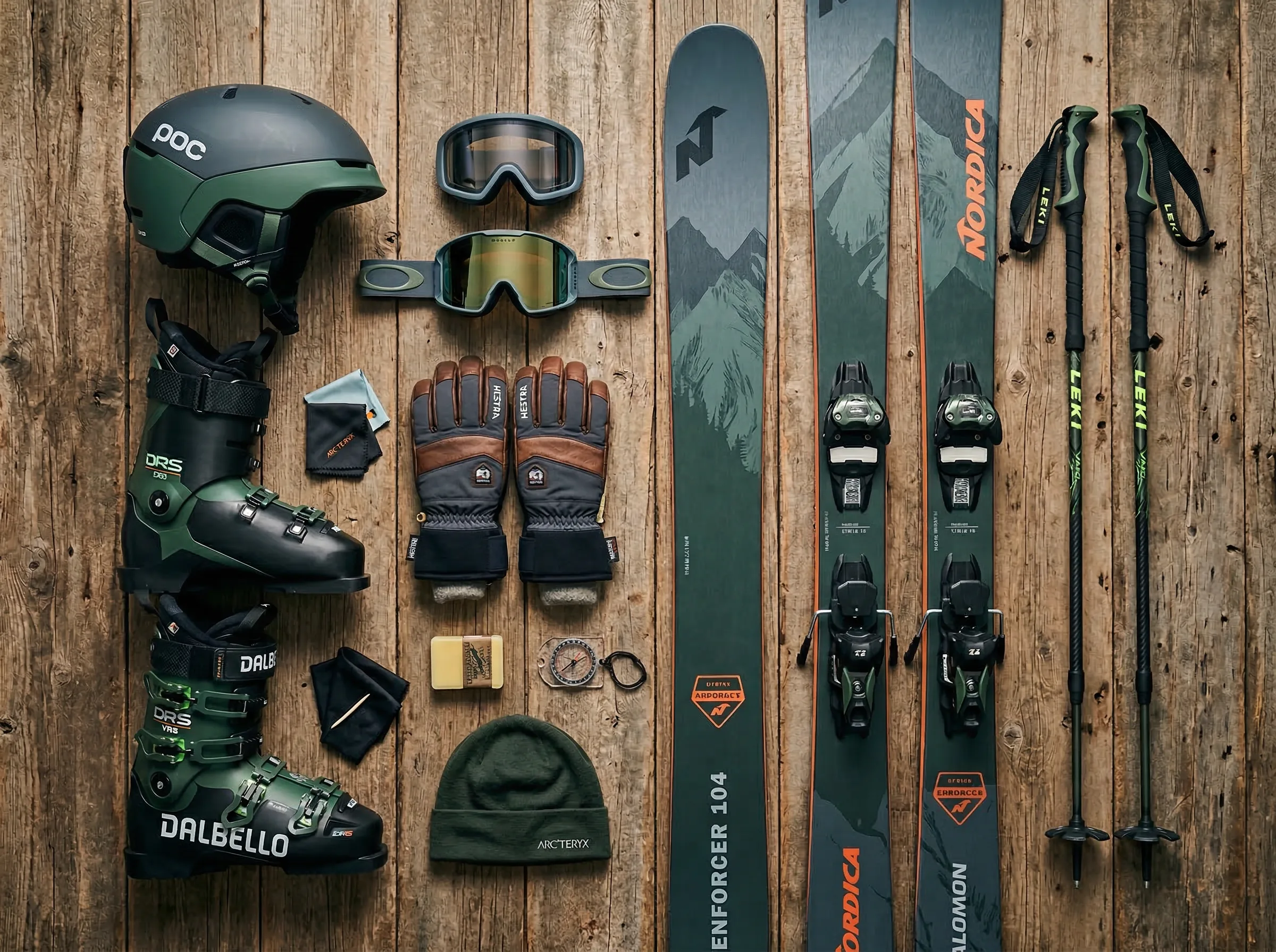 Professional ski equipment flat-lay including skis, boots, poles, goggles and helmet